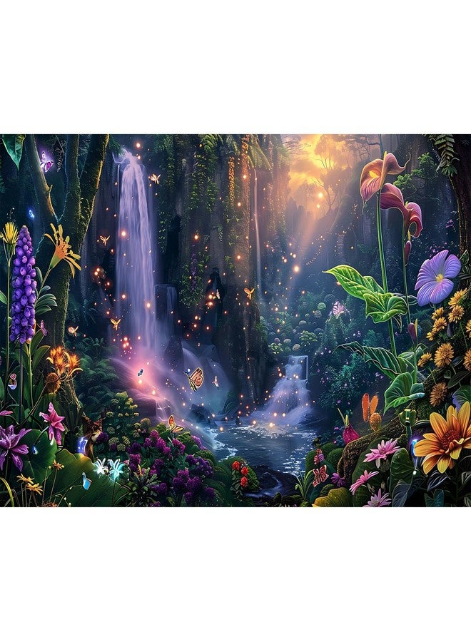 CaterRina Fantasy Garden Aquarium Background Sunset Waterfall and Flowers Terrarium Backdrop Tropical Forest Lush Plant Magic Butterfly Lights Flowers Fish Tank Background Poster Decorations 30x18in - Image 1